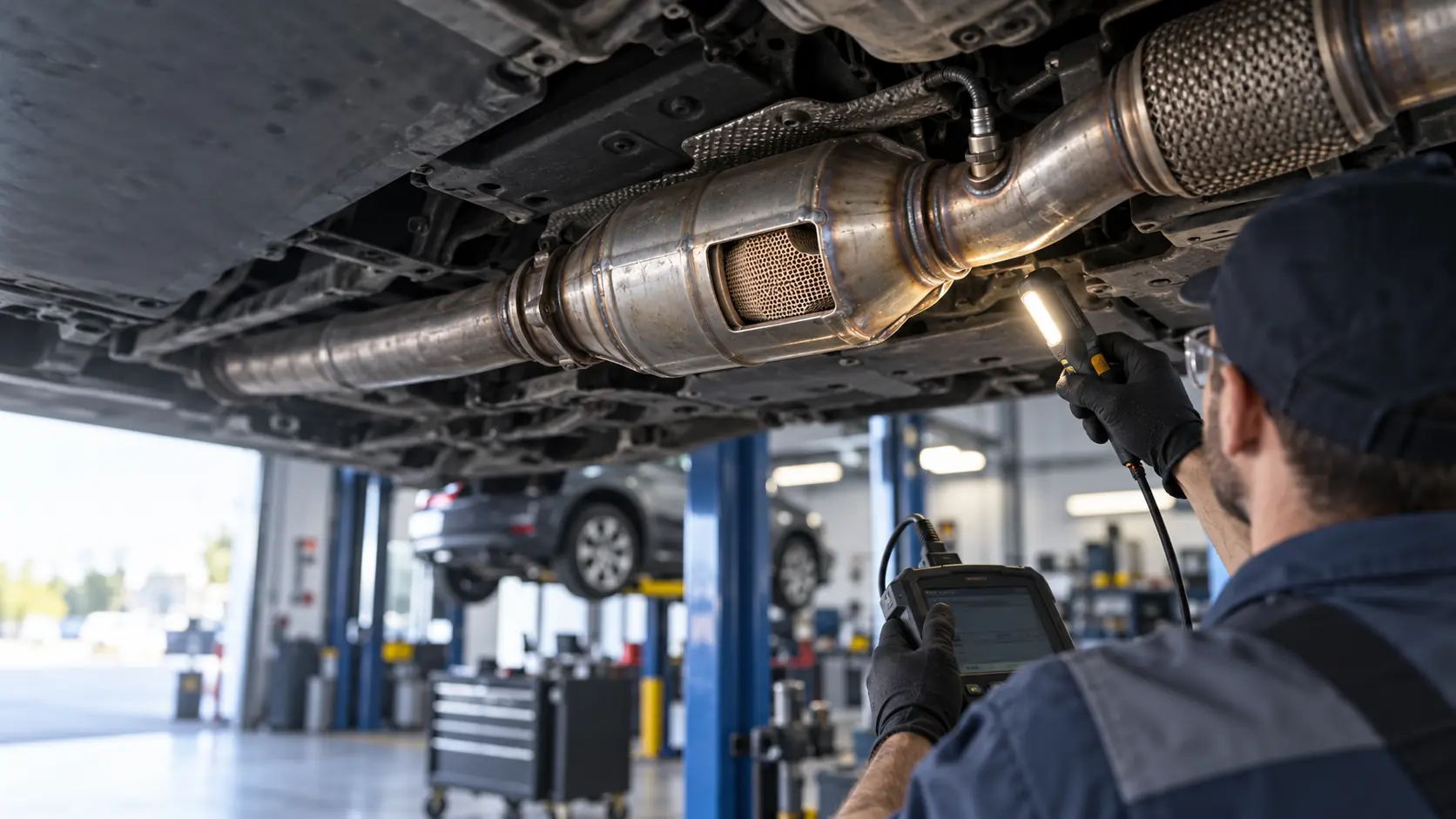 Technician inspecting catalytic converter honeycomb under car with flashlight and analyzer, catalyst recycling
