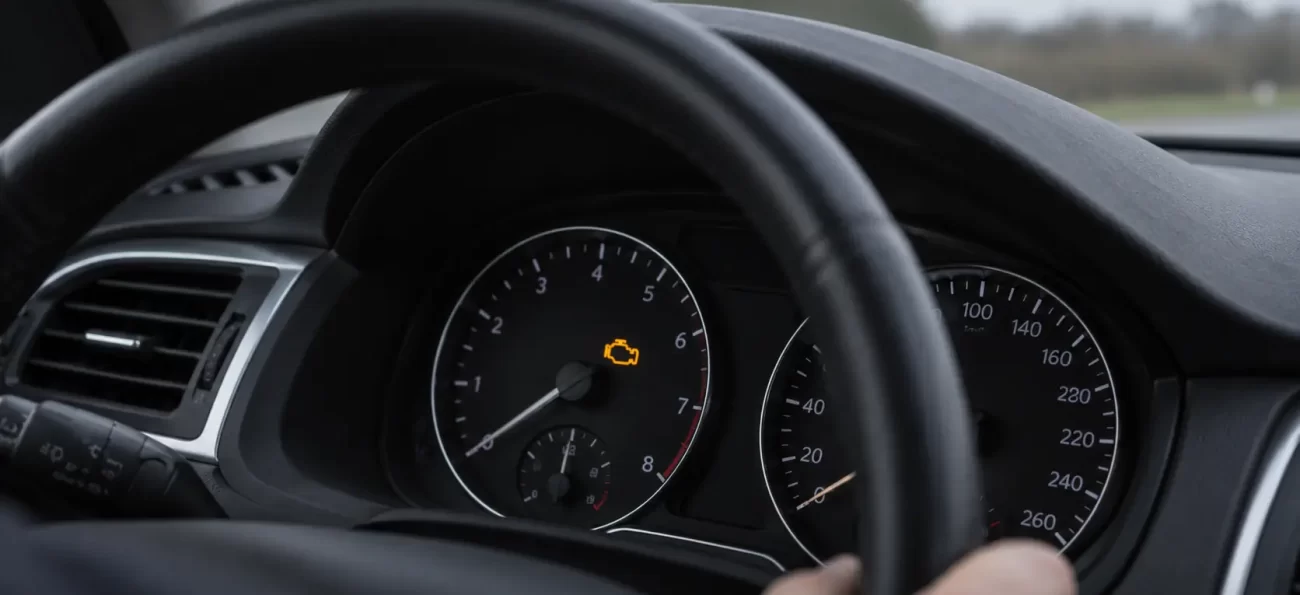 Car steering wheel and dashboard with tachometer showing illuminated amber check engine warning light